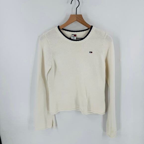 Vintage Tommy Hilfiger Cream Knit Sweater Flag Logo Crewneck Size L (Runs Small) - Picture 10 of 10
